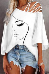 Casual Print Patchwork Oblique Collar T-Shirts