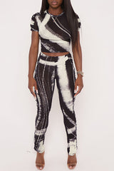 Casual Print Contrast O Neck Short Sleeve Two Pieces