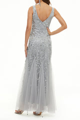 Elegant Formal Patchwork Embroidered V Neck Evening Dress Dresses