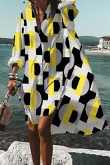 Casual Print Contrast Turndown Collar Shirt Dress Dresses(10 Colors)