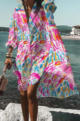 Casual Print Contrast Turndown Collar Shirt Dress Dresses(10 Colors)