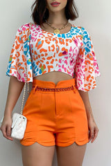 Casual Print Patchwork O Neck Half Sleeve Two Pieces