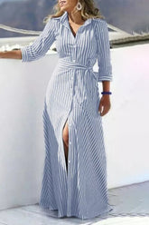 Casual Striped Patchwork Turndown Collar Shirt Dress Dresses