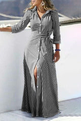 Casual Striped Patchwork Turndown Collar Shirt Dress Dresses