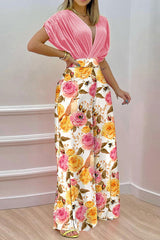 Elegant Print Solid Patchwork V Neck Short Sleeve Two Pieces