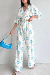 Casual Sweet Print Bandage V Neck Half Sleeve Two Pieces