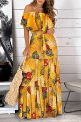 Elegant Print Frenulum Off the Shoulder Cake Skirt Dresses