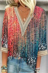 Casual Street Print Patchwork V Neck T-Shirts