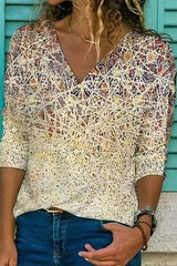 Street Print Patchwork V Neck Tops