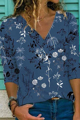Street Print Patchwork V Neck Tops