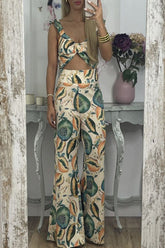 Street Print Patchwork V Neck Sleeveless Two Pieces