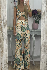 Street Print Patchwork V Neck Sleeveless Two Pieces
