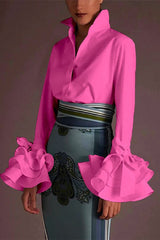 British Style Elegant Solid Buckle Turndown Collar Tops