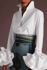 British Style Elegant Solid Buckle Turndown Collar Tops