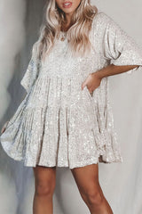 Elegant Solid Sequins O Neck Cake Skirt Short Sleeve Dress(4 Colors)