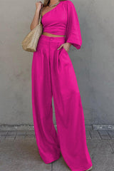 Elegant Solid Bandage Pocket Oblique Collar Long Sleeve Two Pieces