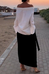 Elegant Solid Backless Slit Off the Shoulder Long Sleeve Two Pieces