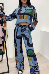 Casual Geometric Print Pocket O Neck Long Sleeve Two Pieces