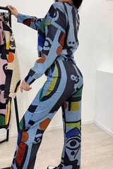 Casual Geometric Print Pocket O Neck Long Sleeve Two Pieces