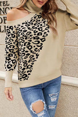 Street Leopard Asymmetrical Weave Turtleneck Tops