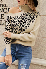Street Leopard Asymmetrical Weave Turtleneck Tops