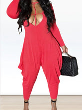 Solid Hollowed Out Long Sleeve V Neck Loose Jumpsuit
