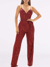 Spaghetti Strap V-Neck Belted Sequin Jumpsuit