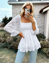 Square Neck Long Sleeve Printed Blouse Top