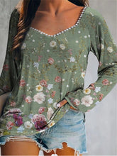 Casual Loose Neck Floral Long Sleeves Women Top