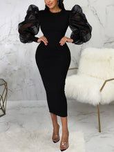 Elegant Puff Sleeve Bodycon Solid Color Crew Neck Dress