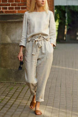 Linen O Neck Long Sleeve Pants Set