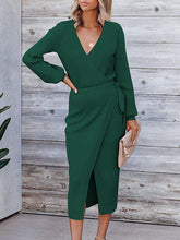 Casual Long Sleeve V Neck Wrap Front Knit Sweater Dress