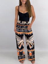 Butter Fly Print Elastic Waist Drawstring Long Pants