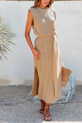 Crewneck Sleeveless Tie Waist Side Split Beach Dress