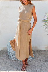 Crewneck Sleeveless Tie Waist Side Split Beach Dress