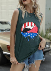 Lip Printed Round Neck Sleeveless Tank Top