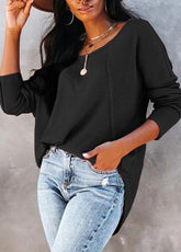 Button Design Sleeve Solid Color T-shirt