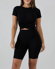 Solid Round Neck Top & Shorts Set