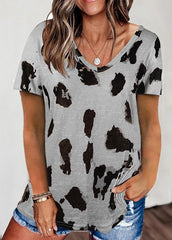 Leopard Printed Short Sleeve V Neck T-shirt