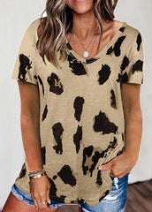 Leopard Printed Short Sleeve V Neck T-shirt