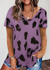 Leopard Printed Short Sleeve V Neck T-shirt