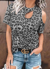 Cold Shoulder Leopard Round Neck T-shirt
