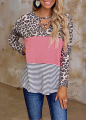 Leopard Striped Patchwork V Neck Long Sleeve T-shirt