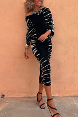 Cold Shoulder Batwing Sleeve Waisted Tie Dye Dress