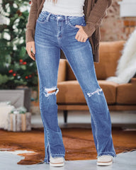 90s Vintage Ripped Split Hem Zip Fly Flare Jeans