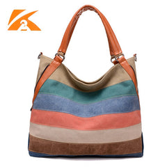 Women's Canvas Color Striped Fashion Retro Large Shoulder Tote Bags