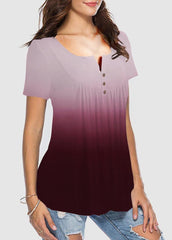 Button Gradient V Neck Short Sleeve T-shirt