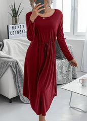 Long Sleeve Solid Color Round Neck Mid Calf Dress