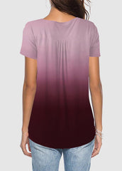 Button Gradient V Neck Short Sleeve T-shirt