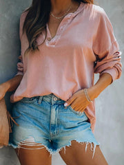 Female Collar Button Long-sleeve V-neck T-shirt